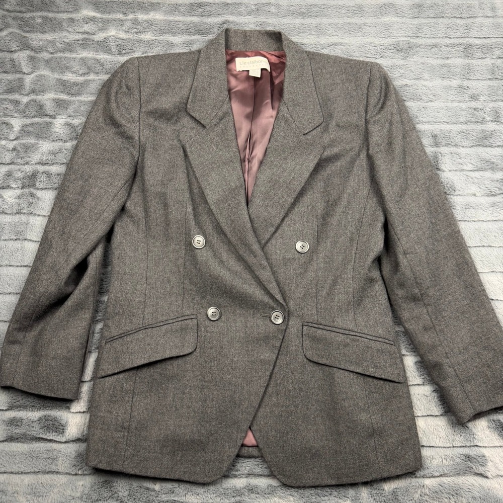 Liz Claiborne Collection Vintage Grey Wool Double Breasted Blazer Size 10